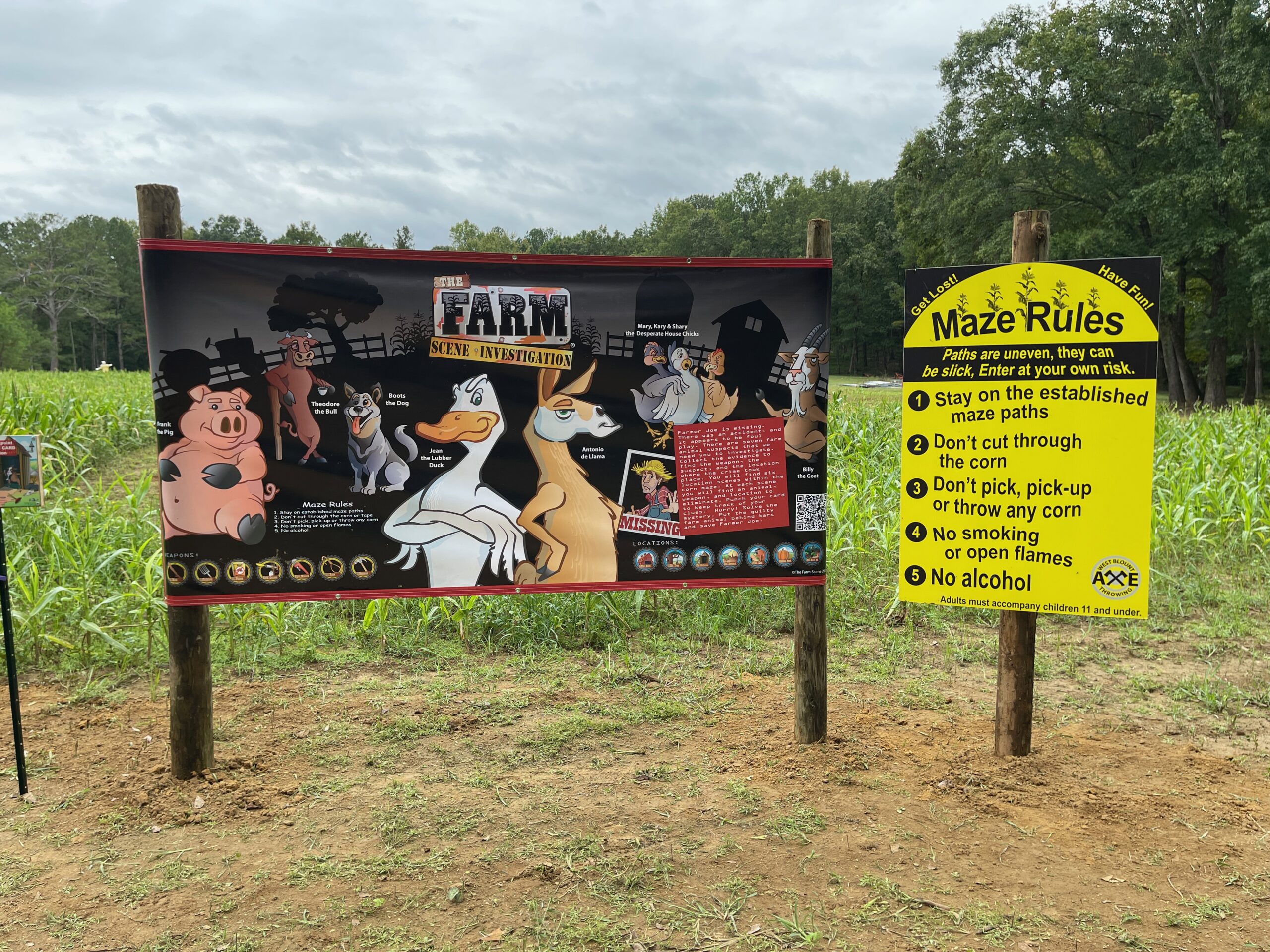 West Blount Corn Maze - Hayden, Alabama - Farm Scene Investigation Instructions at entrance to Corn Maze