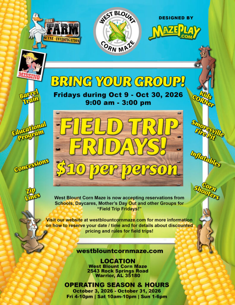 West Blount Corn Maze Field Trip Fridays Ad 1200x1553